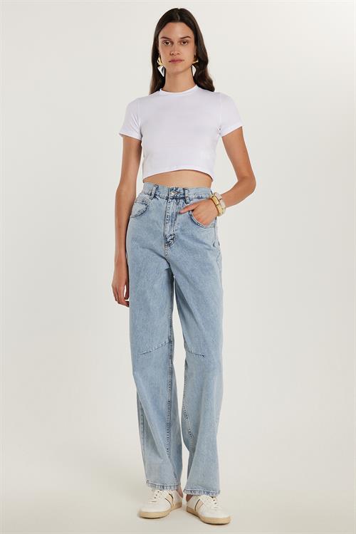 Kadın Regular Fit Tokalı Geniş Paça Baggy Mavi Jean Kot Pantolon