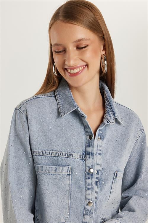 Kadın Regular Fit %100 Pamuk Uzun Kollu Mavi Denim Gömlek