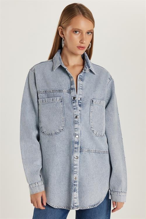 Kadın Regular Fit %100 Pamuk Uzun Kollu Mavi Denim Gömlek