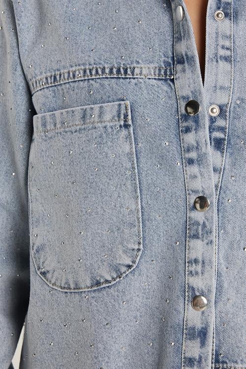 Kadın Regular Fit %100 Pamuk Uzun Kollu Mavi Denim Gömlek