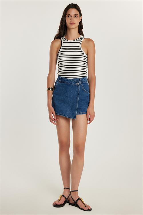 Kadın Slim Fit Dar Kesim Çift Cepli Açık Koyu Mavi Şort Etek