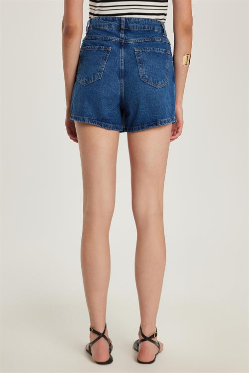 Kadın Slim Fit Dar Kesim Çift Cepli Açık Koyu Mavi Şort Etek