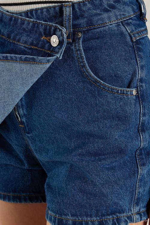 Kadın Slim Fit Dar Kesim Çift Cepli Açık Koyu Mavi Şort Etek