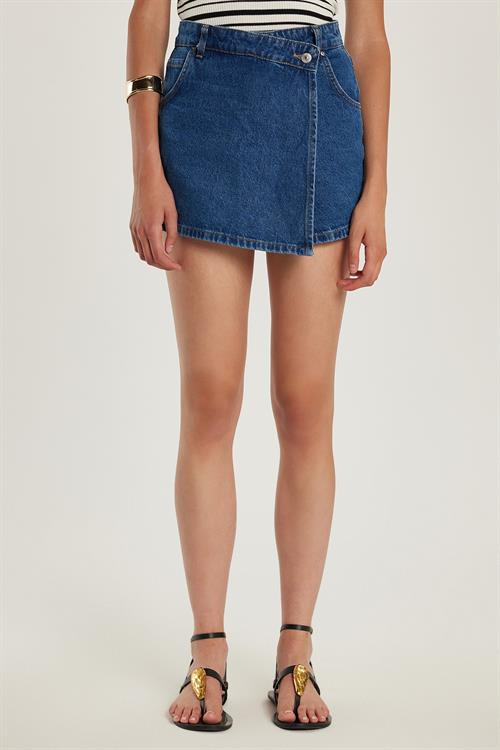 Kadın Slim Fit Dar Kesim Çift Cepli Açık Koyu Mavi Şort Etek