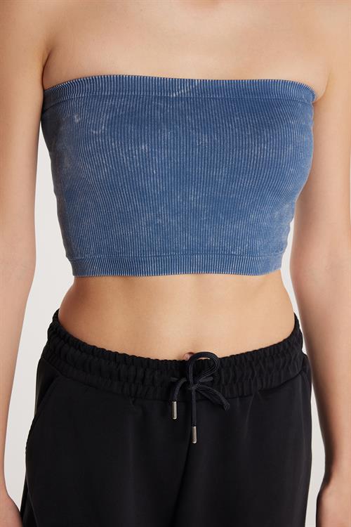 Kadın Slim Fit Dar Kesim Straplez Dikişsiz İndigo Crop Atlet