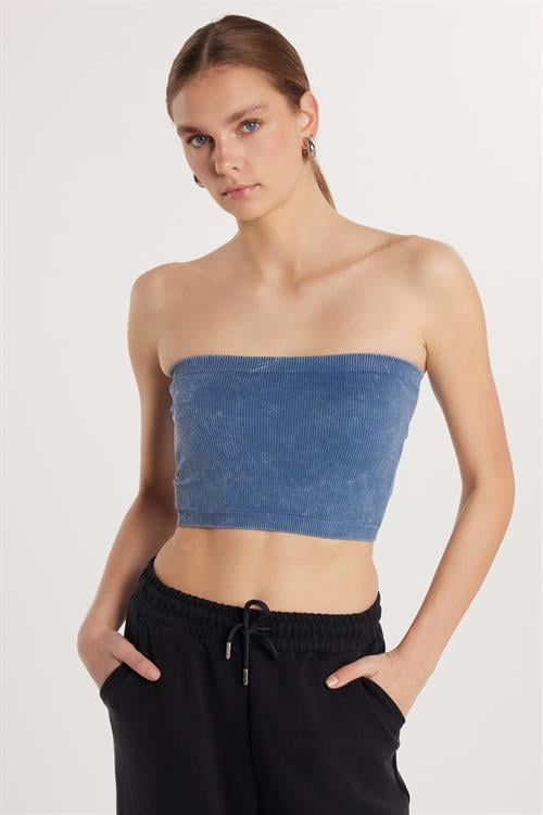Kadın Slim Fit Dar Kesim Straplez Dikişsiz İndigo Crop Atlet