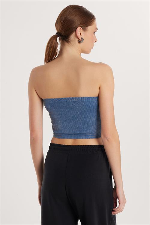 Kadın Slim Fit Dar Kesim Straplez Dikişsiz İndigo Crop Atlet