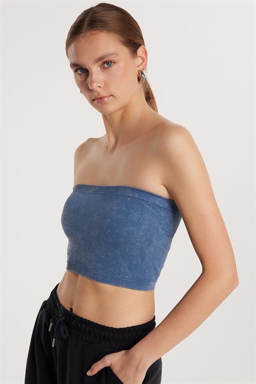 Kadın Slim Fit Dar Kesim Straplez Dikişsiz İndigo Crop Atlet