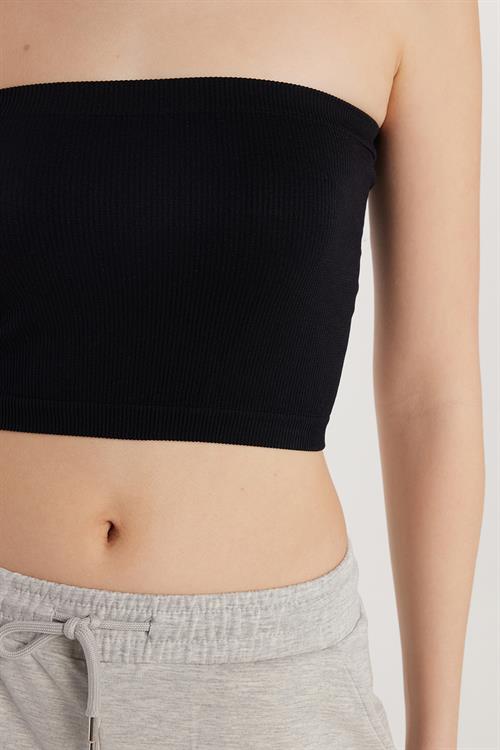 Kadın Slim Fit Dar Kesim Straplez Dikişsiz Siyah Crop Atlet