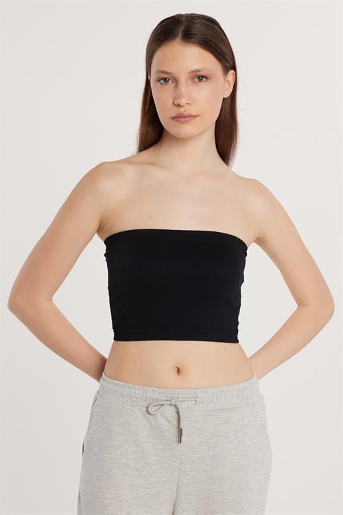 Kadın Slim Fit Dar Kesim Straplez Dikişsiz Siyah Crop Atlet