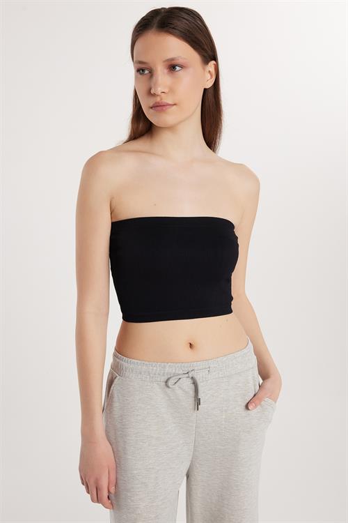 Kadın Slim Fit Dar Kesim Straplez Dikişsiz Siyah Crop Atlet