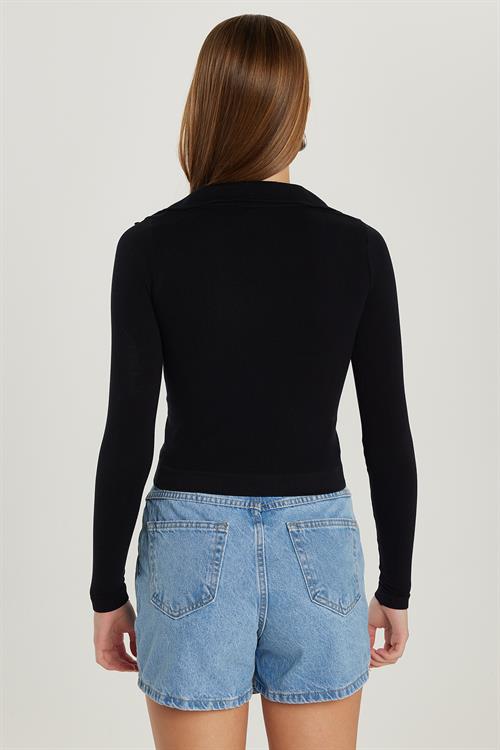 Kadın Slim Fit Dar Kesim V Yaka Siyah Bluz