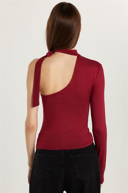 Kadın Standart Fit Fitilli Tek Kol Asimetrik Yaka Bordo Bluz