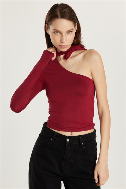 Kadın Standart Fit Fitilli Tek Kol Asimetrik Yaka Bordo Bluz