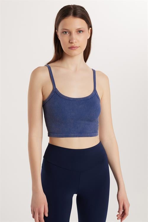 Kadın Slim Fit Kare Yaka Düz Basic İndigo Crop Atlet