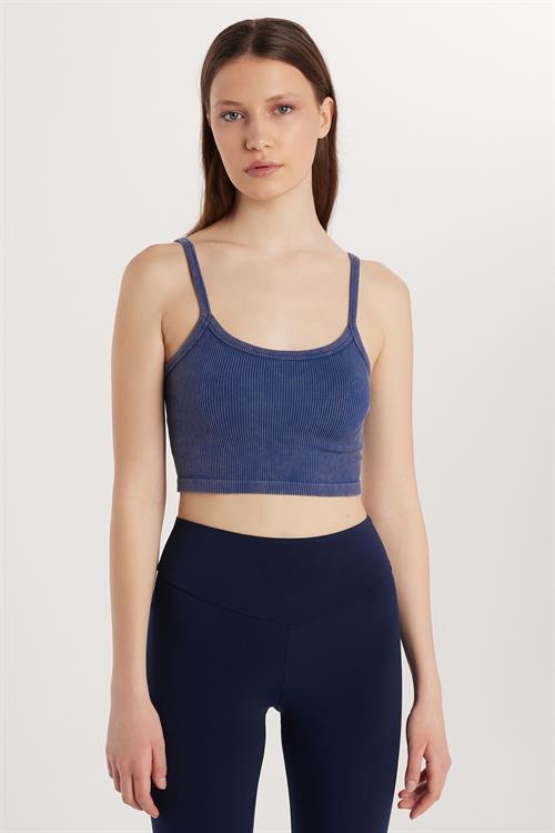 Kadın Slim Fit Kare Yaka Düz Basic İndigo Crop Atlet