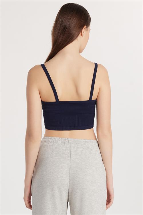 Kadın Slim Fit Kare Yaka Düz Basic Lacivert Crop Atlet