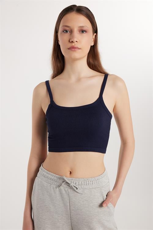 Kadın Slim Fit Kare Yaka Düz Basic Lacivert Crop Atlet
