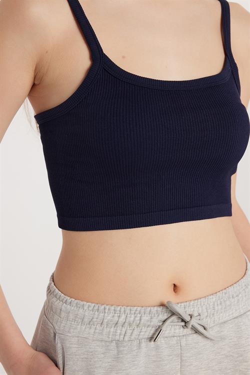 Kadın Slim Fit Kare Yaka Düz Basic Lacivert Crop Atlet