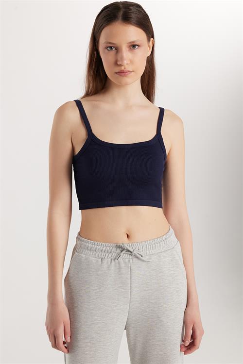 Kadın Slim Fit Kare Yaka Düz Basic Lacivert Crop Atlet