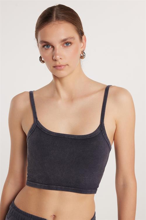 Kadın Slim Fit Kare Yaka Düz Basic Antrasit Crop Atlet