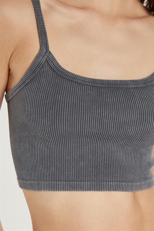 Kadın Slim Fit Kare Yaka Düz Basic Gri Crop Atlet