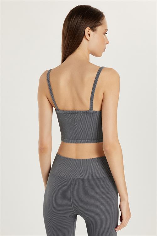 Kadın Slim Fit Kare Yaka Düz Basic Gri Crop Atlet