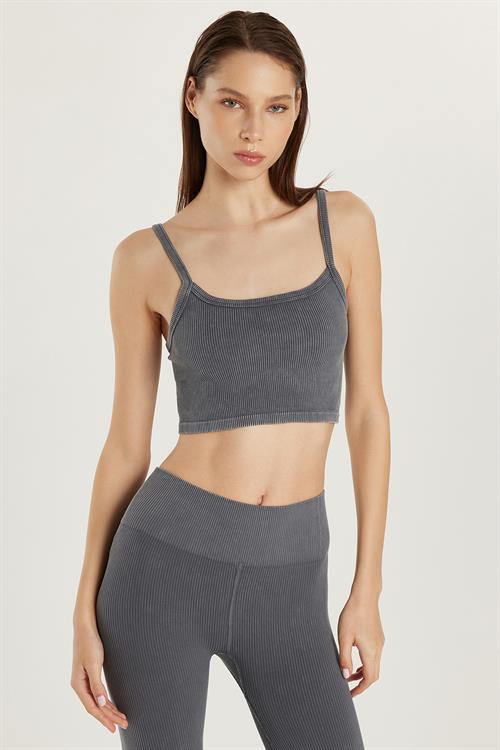 Kadın Slim Fit Kare Yaka Düz Basic Gri Crop Atlet