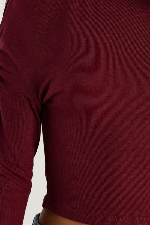 Kadın Slim Fit Dar Kesim Kayık Yaka Viskon Bordo Bluz