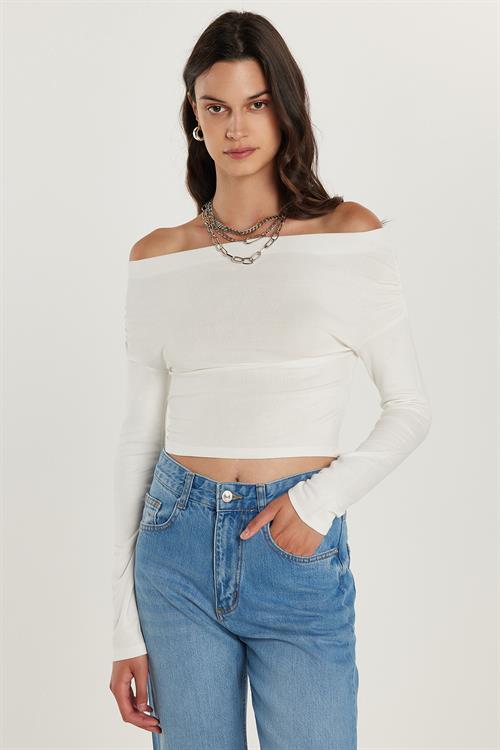 Kadın Slim Fit Dar Kesim Kayık Yaka Viskon Ekru Bluz