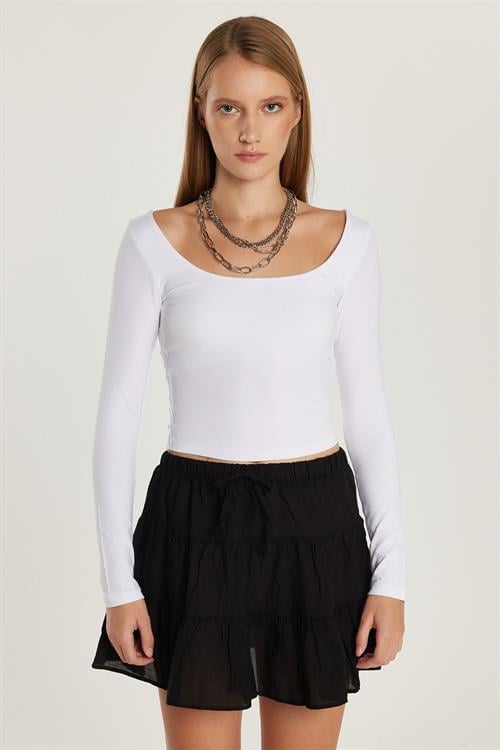 Kadın Slim Fit Dar Kesim Pamuklu Kayık Yaka Beyaz Bluz