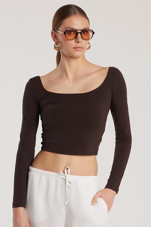 Kadın Slim Fit Dar Kesim Pamuklu Kayık Yaka Kahverengi Bluz