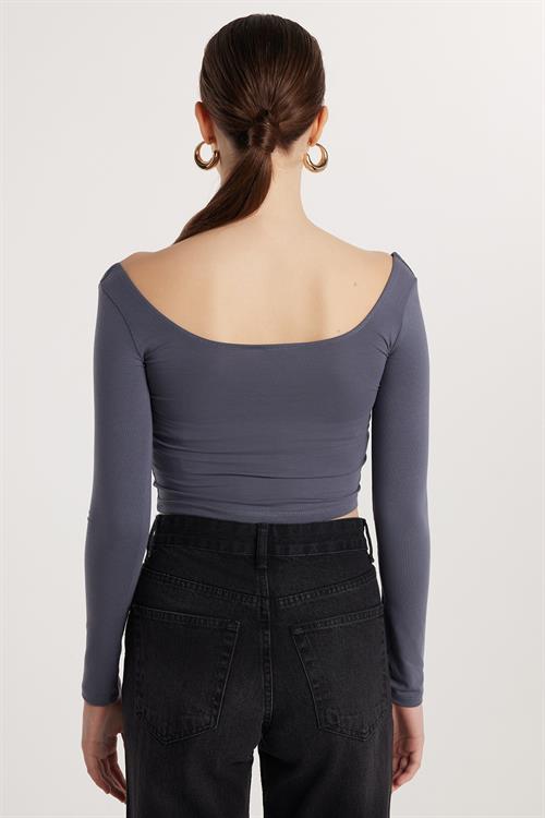Kadın Slim Fit Dar Kesim Pamuklu Kayık Yaka Antrasit Bluz