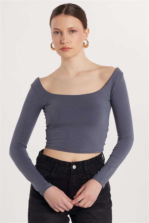 Kadın Slim Fit Dar Kesim Pamuklu Kayık Yaka Antrasit Bluz