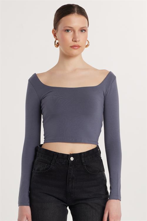 Kadın Slim Fit Dar Kesim Pamuklu Kayık Yaka Antrasit Bluz