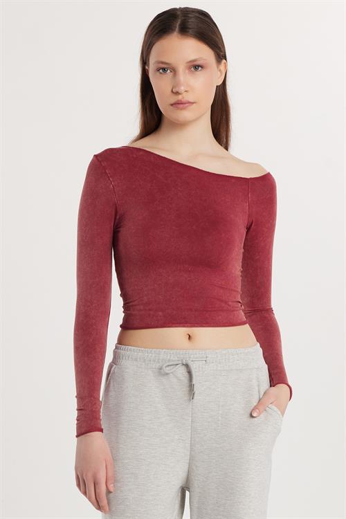 Kadın Slim Fit Dar Kesim Omuz Detaylı Bordo Bluz