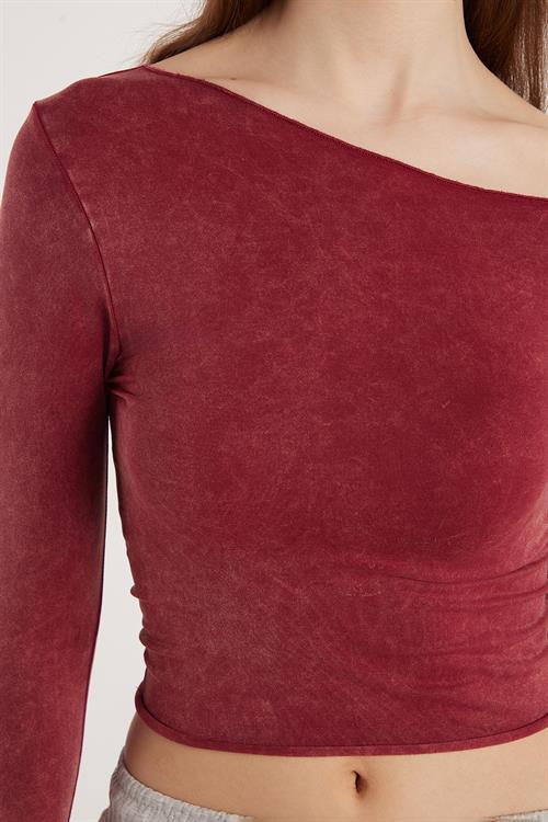 Kadın Slim Fit Dar Kesim Omuz Detaylı Bordo Bluz