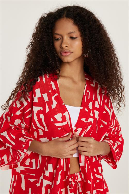 Kadın Relax Fit Rahat Kesim V Yaka Geniş Kollu Baskılı Kimono
