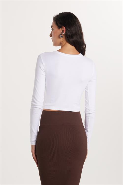 Kadın Slim Fit Dar Kesim Uzun Kollu Bisiklet Yaka Beyaz Bluz