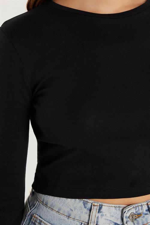Kadın Slim Fit Dar Kesim Uzun Kollu Bisiklet Yaka Siyah Bluz