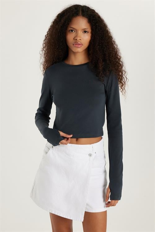 Kadın Slim Fit Dar Kesim Uzun Kollu Bisiklet Yaka Antrasit Bluz