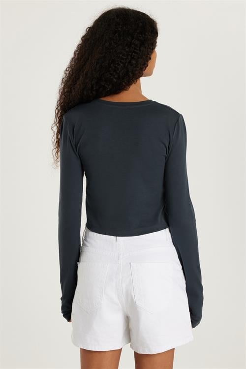 Kadın Slim Fit Dar Kesim Uzun Kollu Bisiklet Yaka Antrasit Bluz