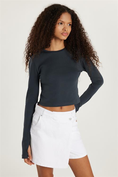 Kadın Slim Fit Dar Kesim Uzun Kollu Bisiklet Yaka Antrasit Bluz