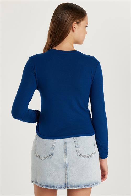 Kadın Slim Fit Dar Kesim Bağlamalı Uzun Kollu V Yaka Lacivert Hırka