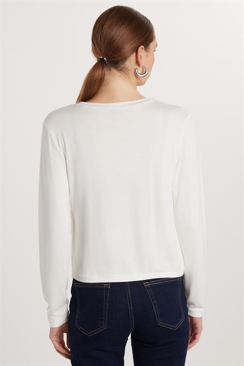 Kadın Slim Fit Dar Kesim Bağlamalı Uzun Kollu V Yaka Ekru Hırka