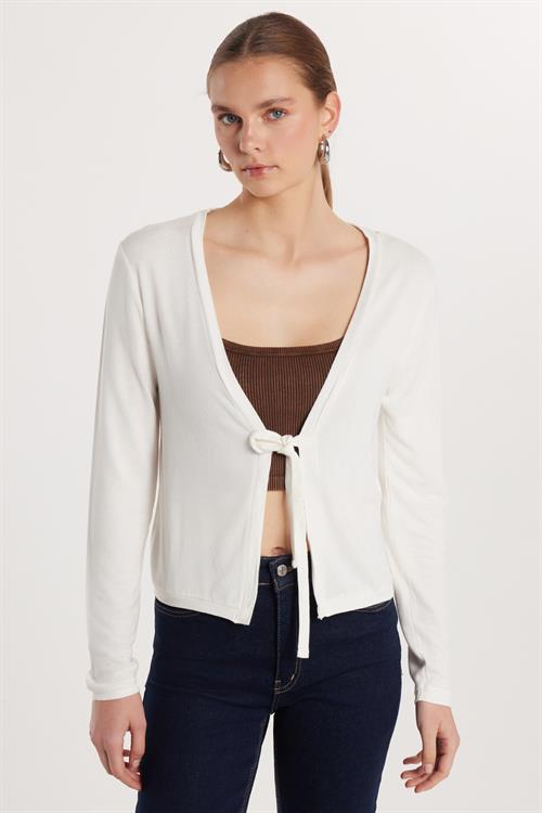 Kadın Slim Fit Dar Kesim Bağlamalı Uzun Kollu V Yaka Ekru Hırka