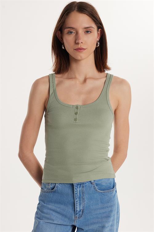 Kadın Modal Kumaş Standart Fit İnce Askılı U Yaka Düğmeli Mint Body Atlet