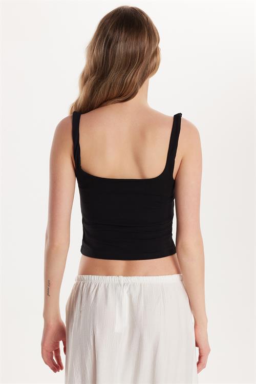 Kadın Slim Fit Dar Kesim İnce Askılı Kare Yaka Siyah Crop Atlet