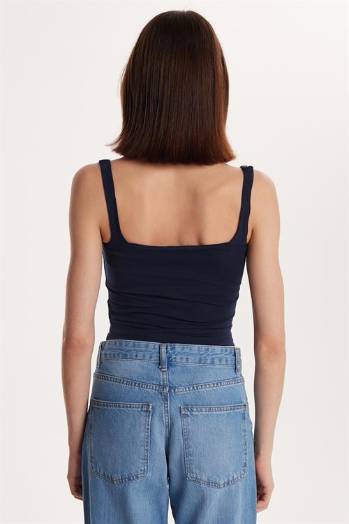 Kadın Slim Fit Dar Kesim İnce Askılı Kare Yaka Lacivert Crop Atlet