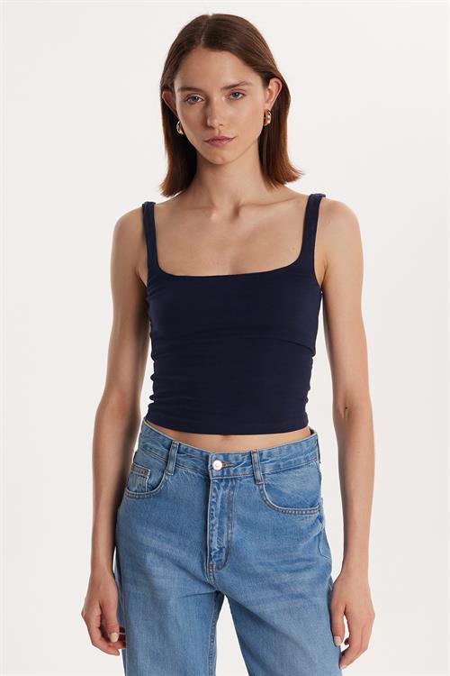 Kadın Slim Fit Dar Kesim İnce Askılı Kare Yaka Lacivert Crop Atlet